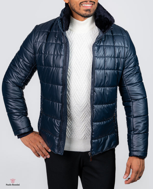 Slim Fit Lined Puffer Jacket-Navy