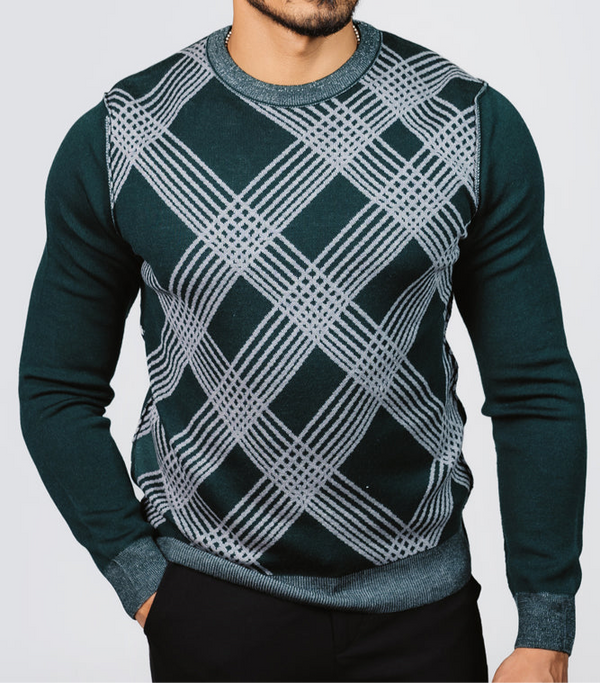 Regular Fit Crew Neck check Knitwear Pullover.  100% fine wool