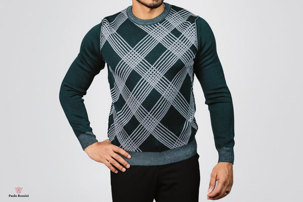 Regular Fit Crew Neck check Knitwear Pullover.  100% fine wool