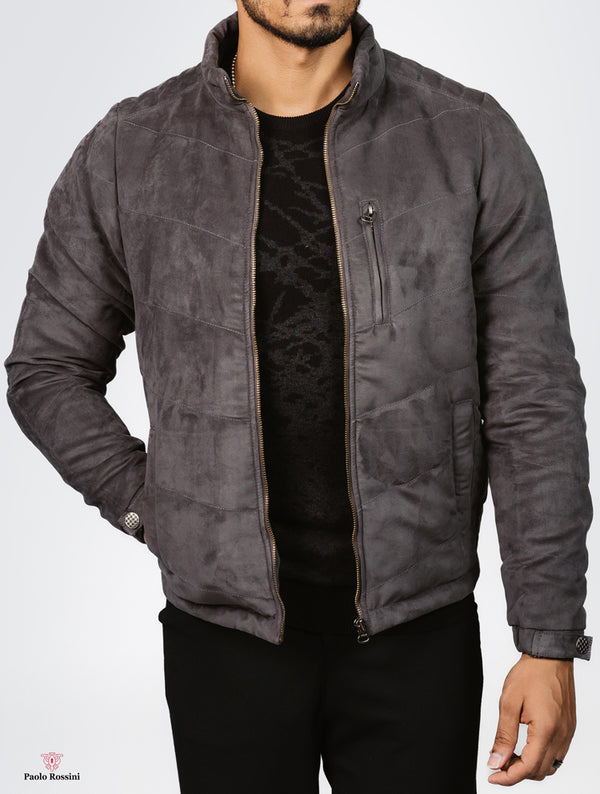 Regular Fit College Collar Bomber Suede Jacket