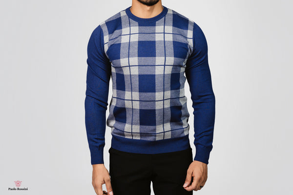 Regular Fit Crew Neck check Knitwear Pullover. 100% fine wool