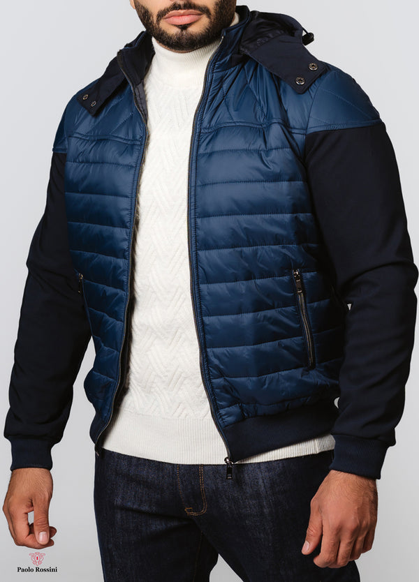 Slim Fit linen Puffer Jacket-Navy